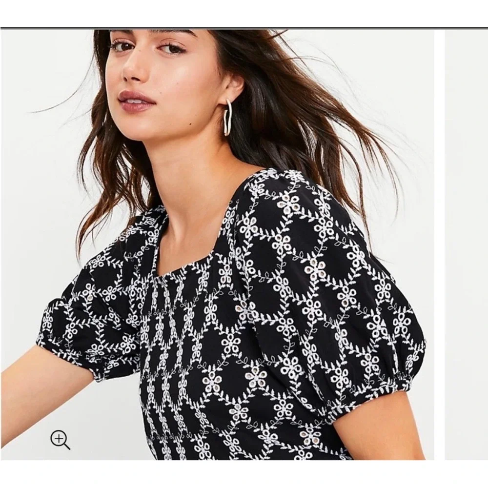 LOFT Black White Eyelet Embroidered Square Neck Puff Sleeve‎ Top Blouse XXL